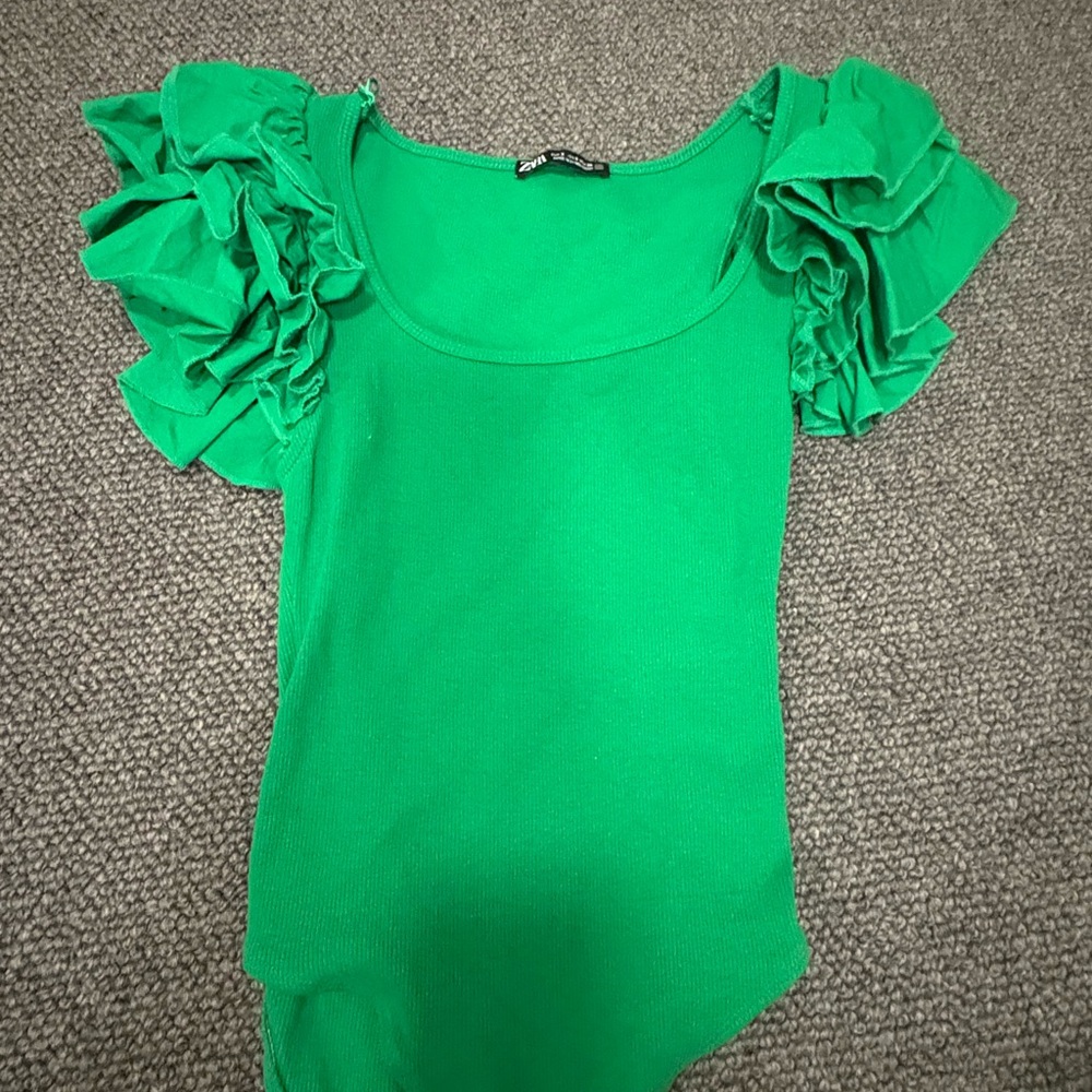 Zara Green Bodysuit with Ruffled Sleeves